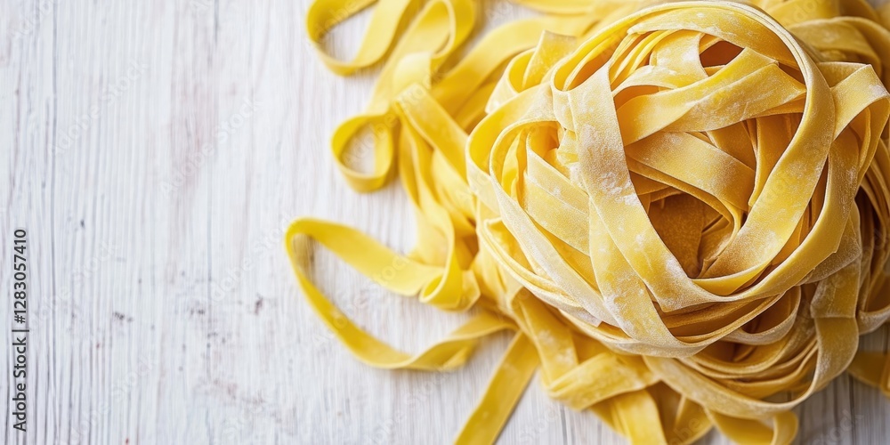 Poster Raw tagliatelle pasta in a yellow loop nest on a white wooden surface with a textured grain background creating an inviting cooking atmosphere.