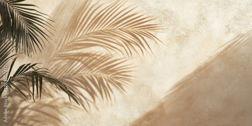 Leinwandbilder Palm leaves cast soft shadows on a textured beige wall, featuring subtle warm tones that create an inviting, tranquil atmosphere.