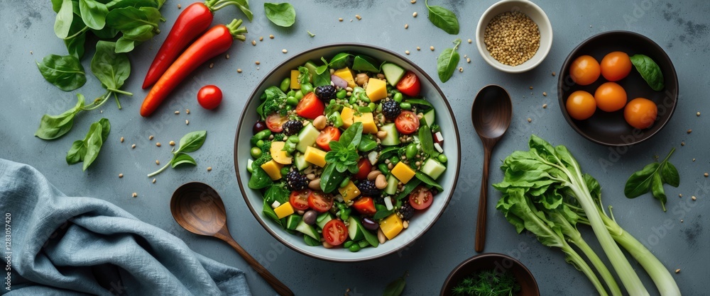 Poster vibrant vegetarian salad in bowl surrounded by fresh vegetables on a textured table with empty space