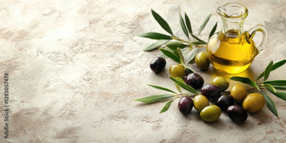 Poster olive branch with dark and green olives alongside a glass olive oil bottle on a textured light backd