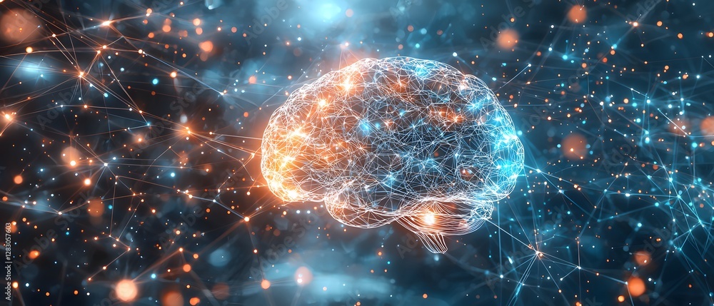 Poster ai-powered glowing brain in digital space futuristic technology concept abstract visualization 3d en