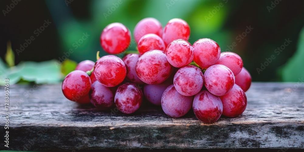 Aufkleber fresh red grapes resting atop a rustic wooden surface surrounded by green foliage showcasing their v