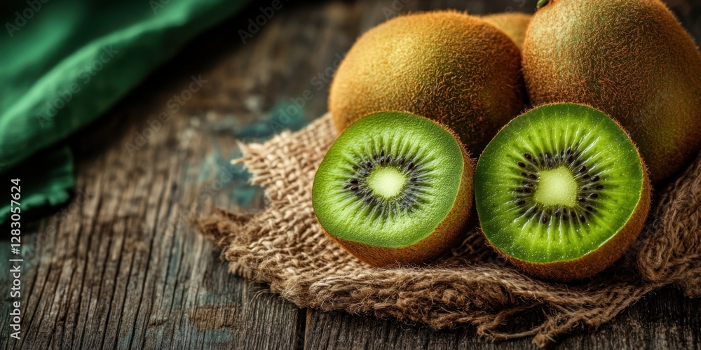 Poster Vibrant kiwi fruits arranged artfully on rustic wooden surface with green hues from slices and natural textures creating a visually appealing focus.