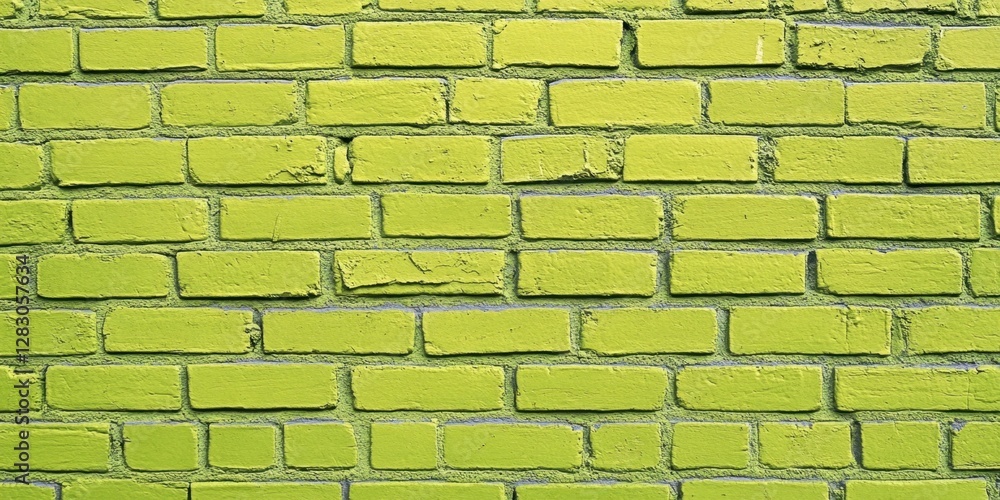 Poster Lime green textured brick wall with evenly spaced rectangular bricks creating a modern backdrop ideal for interior design and abstract presentations
