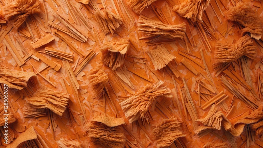 Poster textured orange surface with scattered fibers and wooden fragments creating a unique pattern ideal f