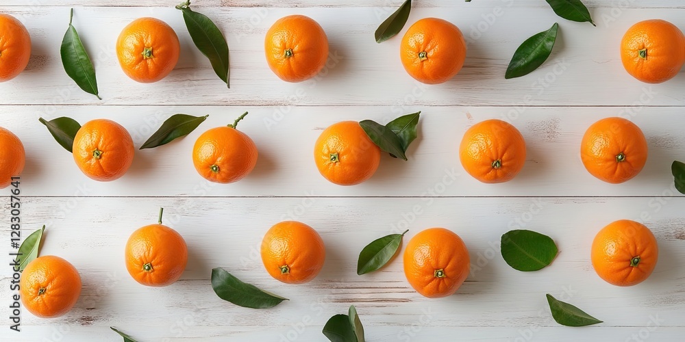 Poster mandarin oranges in vibrant orange color spaced evenly on a rustic white wooden surface with green l