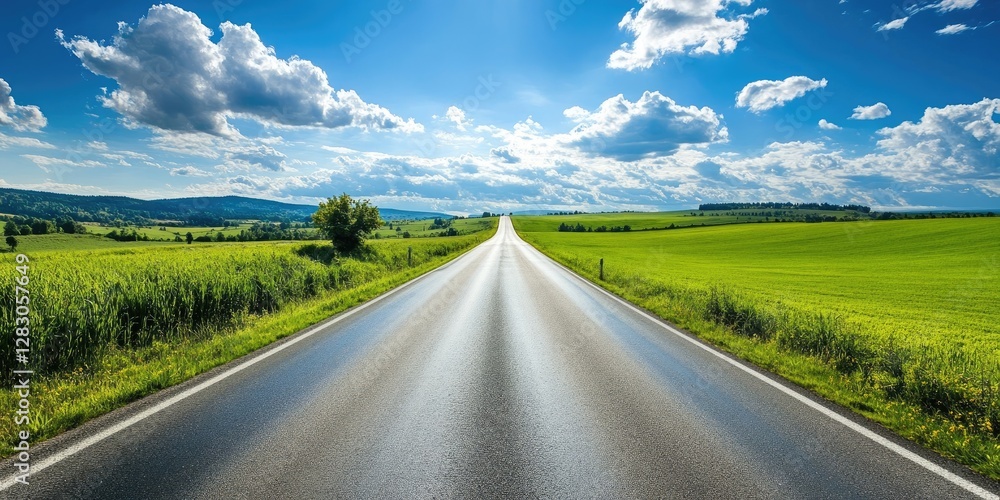 Poster lush green fields flank a smooth asphalt road under a vibrant blue sky with fluffy clouds inviting e