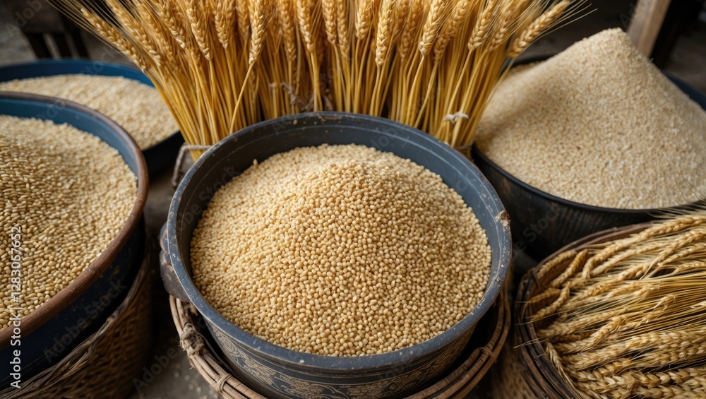 Poster different types of grains and wheat in wicker baskets set in a market display with a rustic backgrou