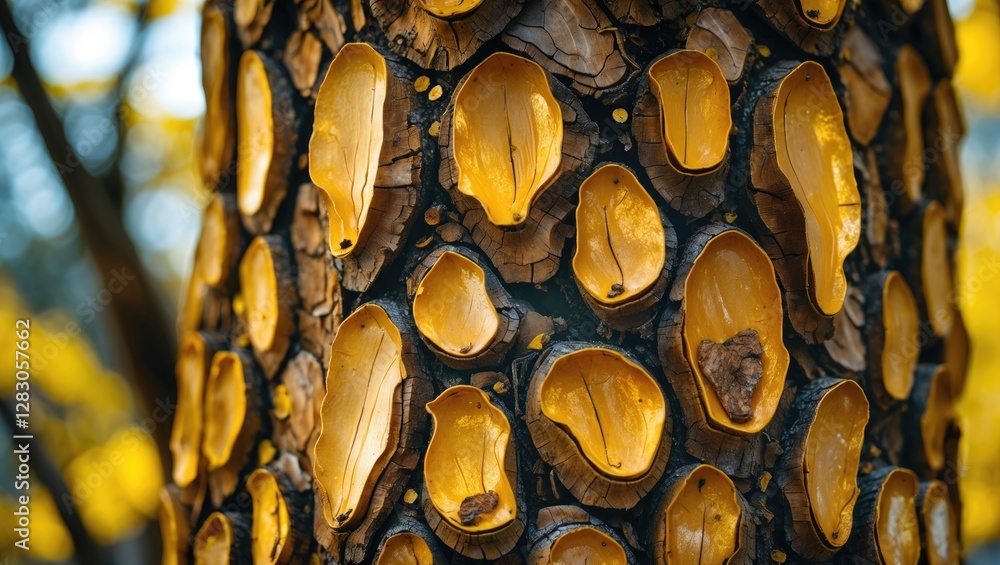 Poster close-up view of a tree trunk with unique yellowish bark texture and hollow sections, surrounded by 