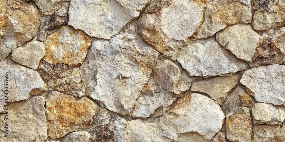 Poster Textured stone wall featuring irregularly shaped beige and brown stones with varying sizes and rustic surface details, ideal for backgrounds.
