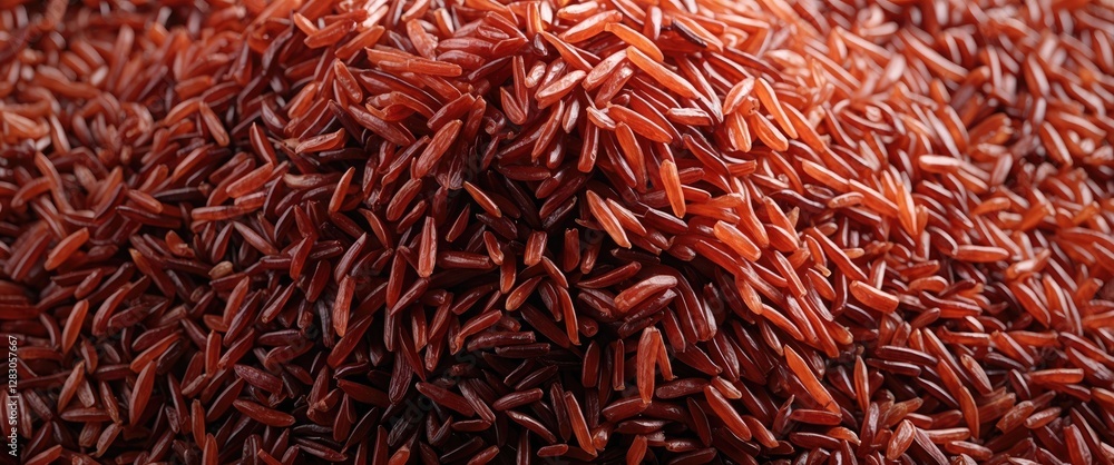 Poster red rice grains piled in a mound showcasing texture and color in a close-up view suitable for food a