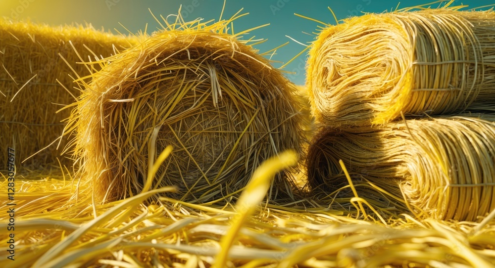 Poster close-up of rolled straw bales in a field with golden sunlight highlighting the texture and color of