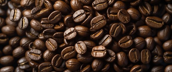Naklejka premium Close-up of roasted coffee beans with rich brown color and various textures arranged closely in a bulk composition