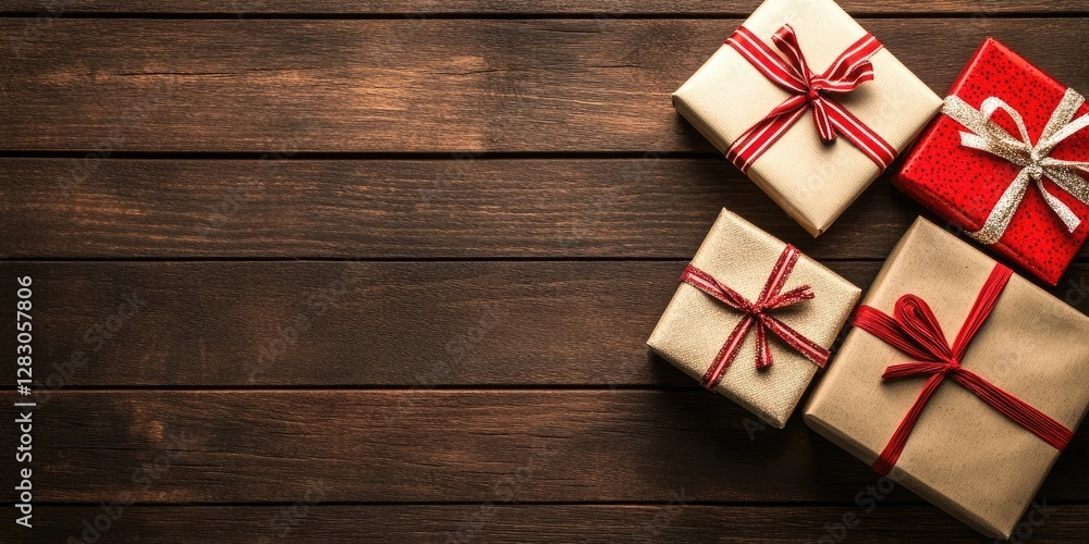 Aufkleber Gift boxes with red and silver ribbons arranged on a rustic wooden surface, creating an empty space to the left for text or design elements.