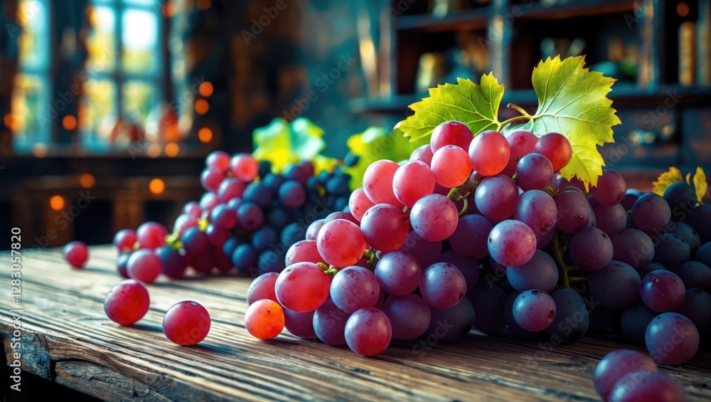 Poster freshly harvested grapes on a rustic wooden table with a soft focus background creating a warm and i