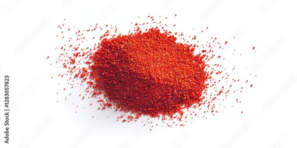 Poster vibrant red chili powder mound centered on a white background with scattered fine granules creating 