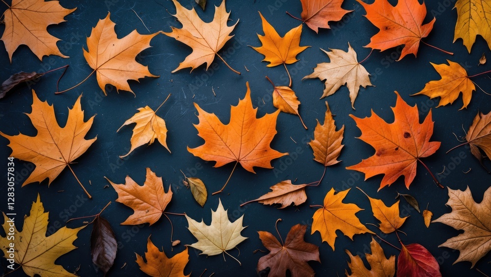Poster autumn leaves of various colors arranged on a dark background creating a visually appealing flat lay