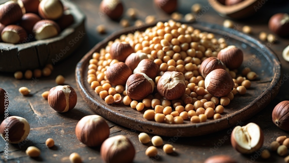 Poster mixed assortment of hazelnuts and soybeans arranged on a wooden plate with scattered nuts on a rusti