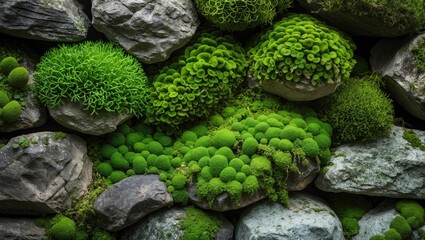 Lush green moss and textured stones creating a natural stone wall backdrop in a vibrant outdoor environment.