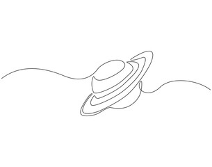 Continuous line drawing of saturn planet. Single line illustration of saturn or ringed planet. Outer space, planetary concept. Editable outline