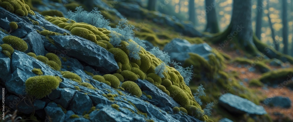 Poster moss-covered rocks in a forest setting with soft lighting and blurred background trees illustrating 