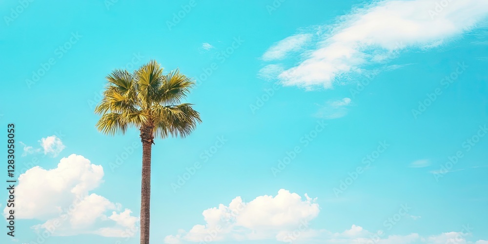Poster tall green palm tree on the left against a bright blue sky with fluffy white clouds creating a seren