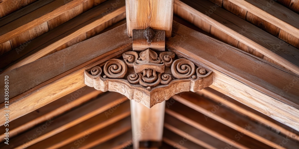 Poster intricate wooden ceiling beam featuring ornate carvings in a rustic setting, with warm brown hues hi