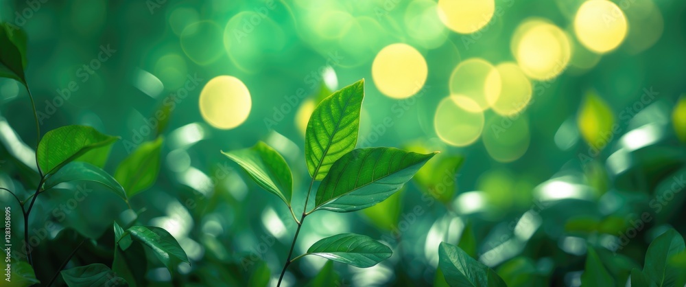 Poster green leaves with a blurred background and soft bokeh light effects in a natural environment during 
