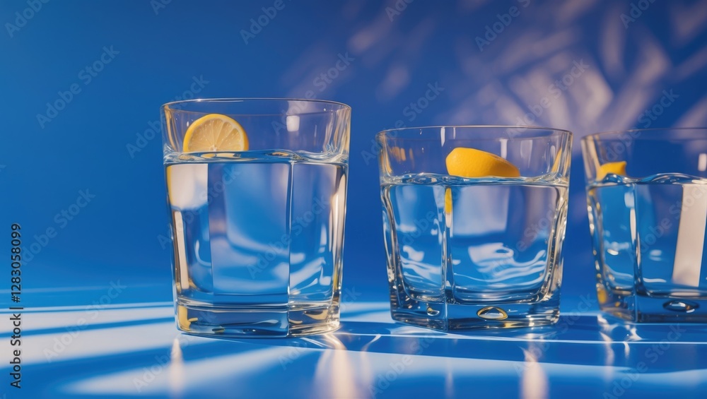 Poster three clear glasses of water with lemon slices on a blue background with soft shadows and reflection