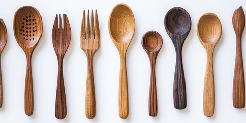 Wooden kitchen utensils arranged in a line on a white background showcasing varying shapes and shades from dark to light brown.