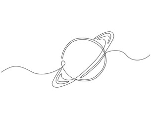 Obraz premium Continuous line drawing of saturn planet. Single line illustration of saturn or ringed planet. Outer space, planetary concept. Editable outline
