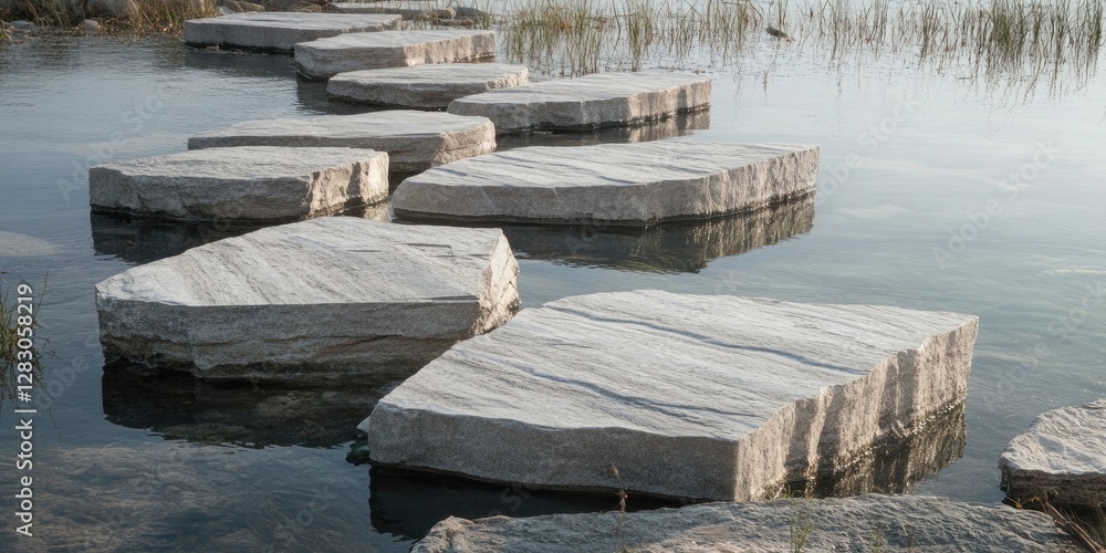 Poster stone slabs positioned in a serene waterway reflecting soft light, surrounded by greenery, creating 