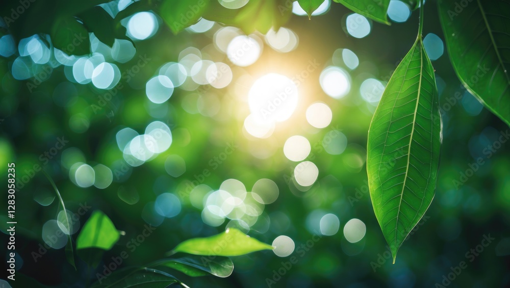 Poster bokeh background of green leaves with sunlight glowing through creating a serene nature scene in a l