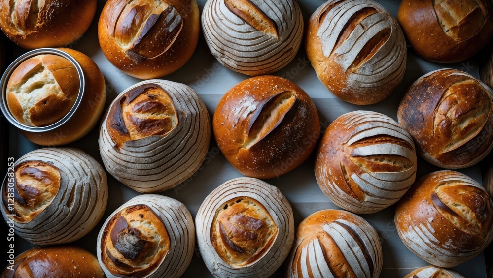 Poster assortment of freshly baked artisanal bread rolls arranged in a tray with varied crust patterns and 