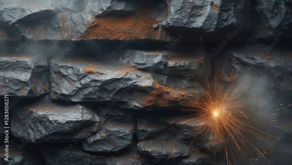 Poster rusty grunge rock wall with smoky fog and sparks creating an abstract textured background ideal for 