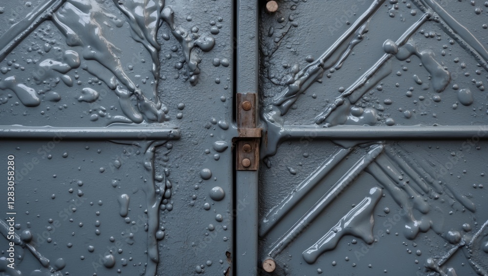Poster close-up view of blue metallic door surface with dripping paint and water droplets creating texture 