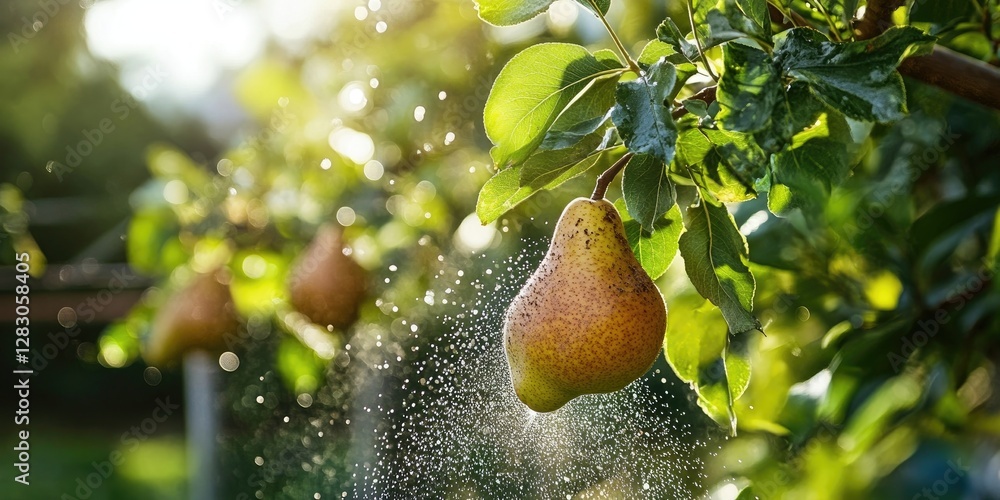 Poster Golden pear hanging from a lush green tree branch with sparkling water droplets in sunlight creating a refreshing garden scene.