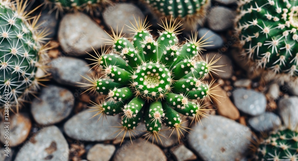 Poster top view of a green prickly cactus surrounded by stones with space for text in a natural setting