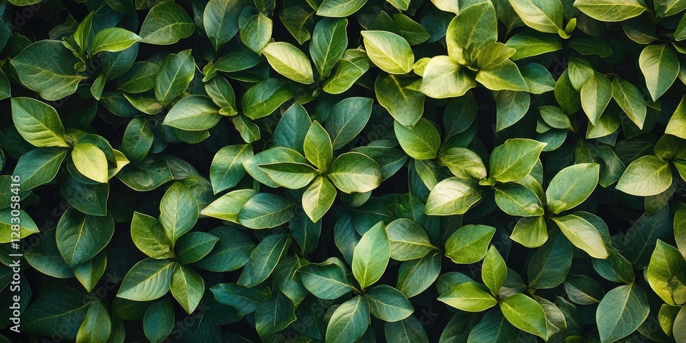 Poster Lush green leaves in various shades of green create a dense, serene natural background ideal for artistic uses with vibrant textures and tones.