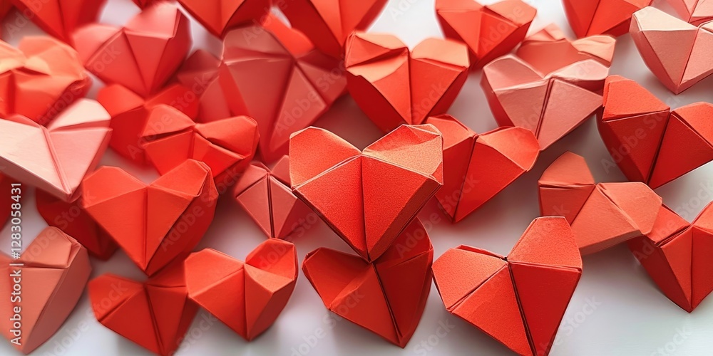 Poster colorful arrangement of small origami hearts in shades of red and coral scattered neatly on a white 