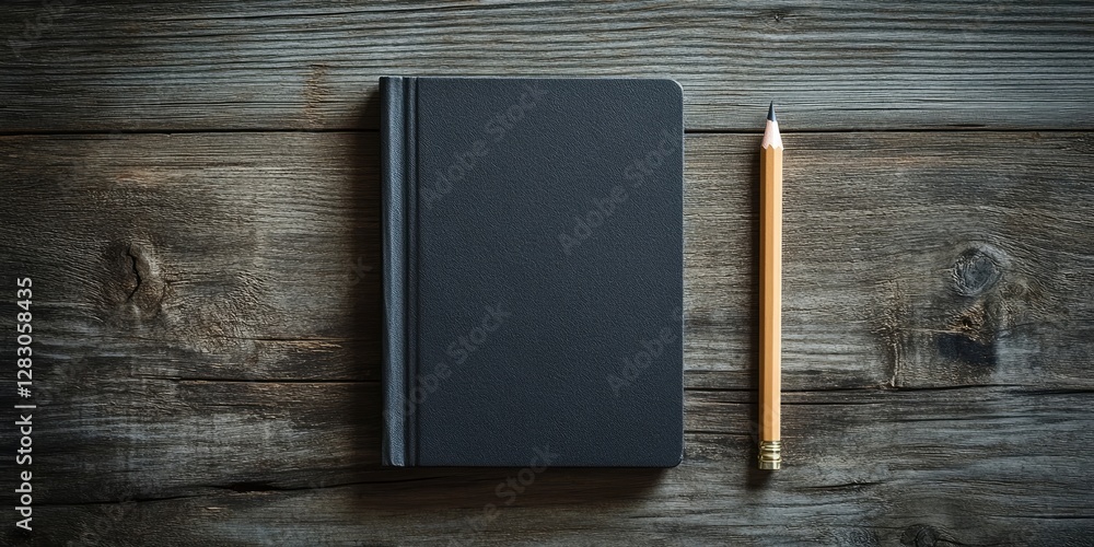 Aufkleber black notebook mockup with a wooden surface background, positioned left of a sharpened pencil, creat