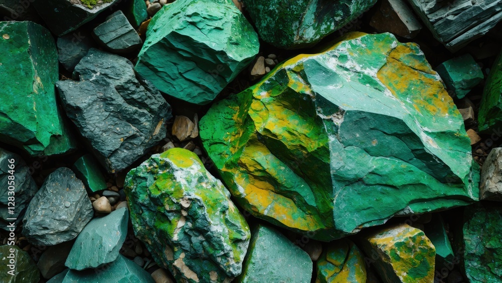 Poster vibrant green rock texture background in macro detail showcasing natural stones with unique patterns