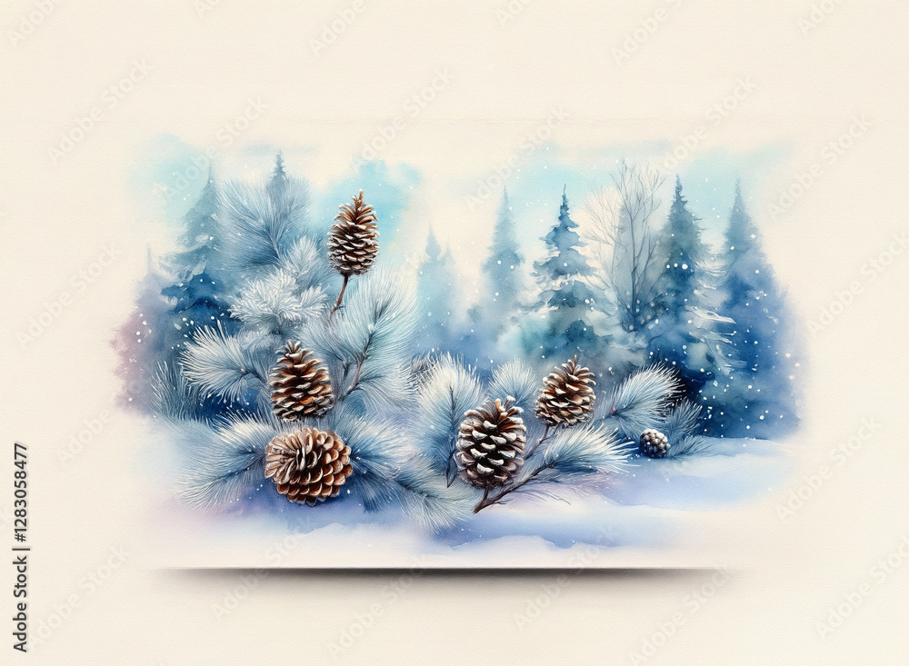 Poster winter scene with pine cones in a snowy forest background. the trees are covered in snow, creating a