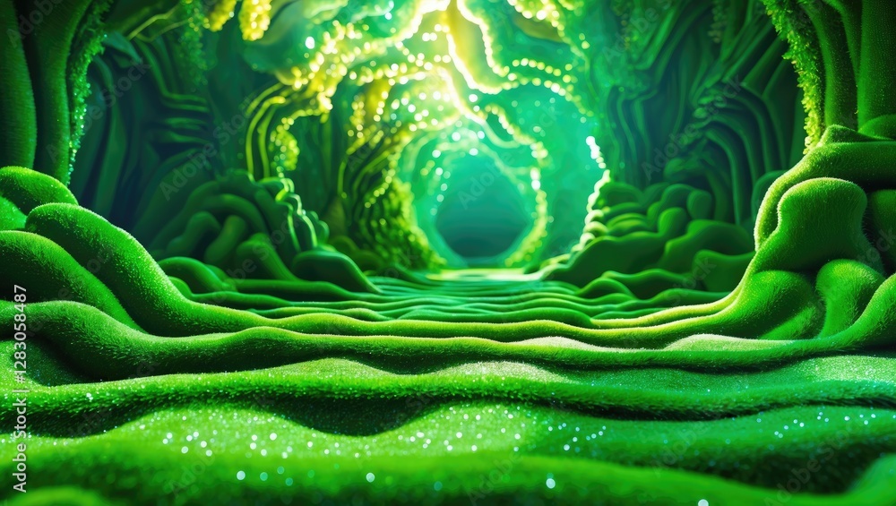 Poster vibrant green abstract pathway with flowing textures and shimmering highlights creating a mystical n