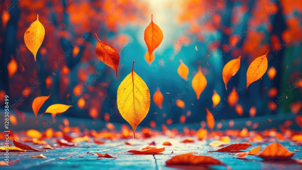 Poster colorful autumn leaves falling in a forest setting with blurred background and warm light creating a