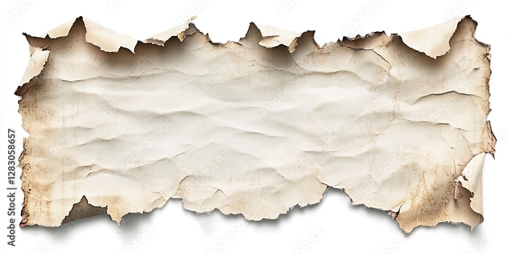Poster torn vintage grunge paper texture in beige and brown tones centered on a white background showcasing