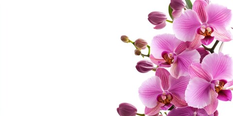 Fototapeta premium Orchid flowers in vibrant pink hues arranged with delicate buds on the left side against a bright white backdrop showcasing ample negative space