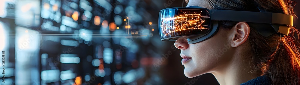Poster researcher engaging with ai in augmented reality tech lab digital interaction futuristic environment