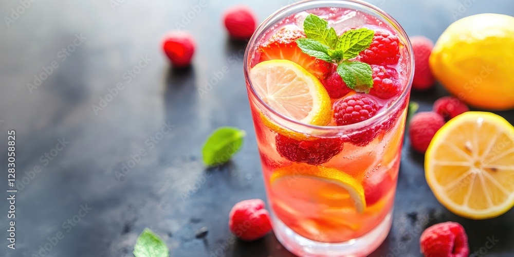 Poster refreshing raspberry lemonade in a tall glass garnished with lemon slices and mint leaves, surrounde