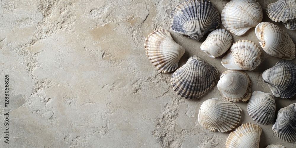 Poster Seashells on textured beige background arranged in a cluster with smooth curves and subtle stripes in shades of white and grey on the right side.